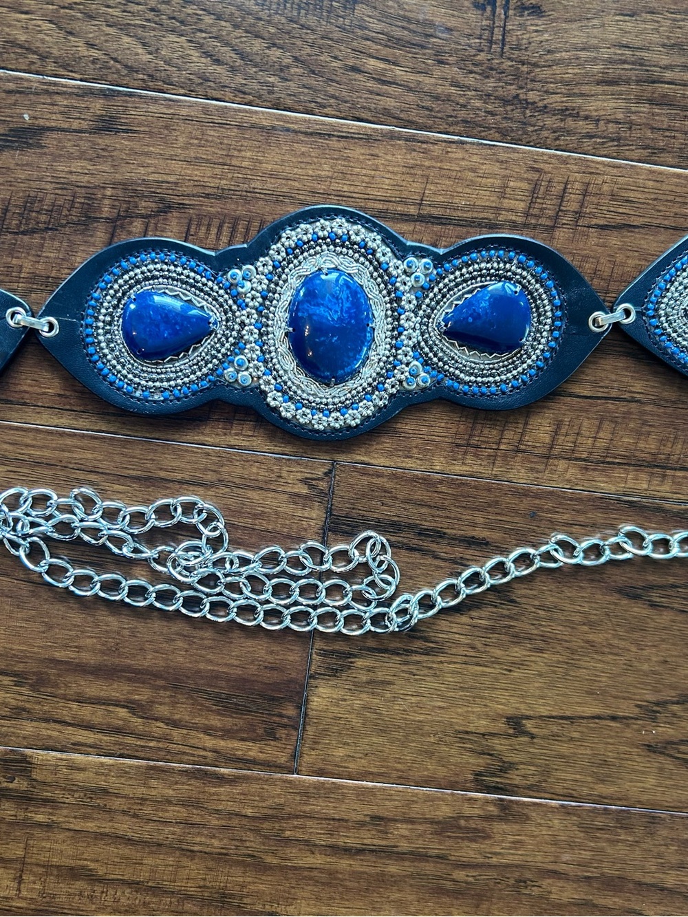 Beaded Blue Statement Waist Belt with Silver Chain